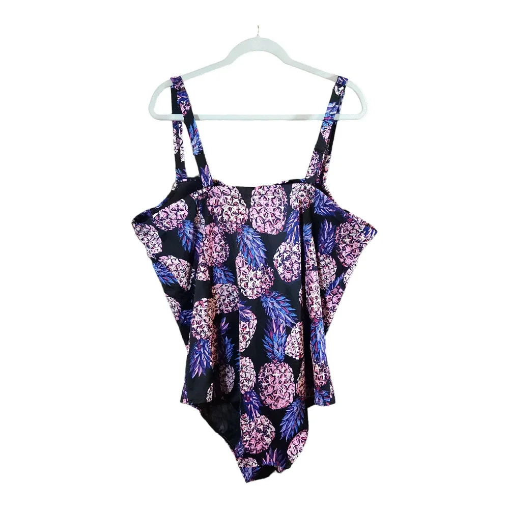 torrid Black One-Piece Swim with Purple Pineapple Print